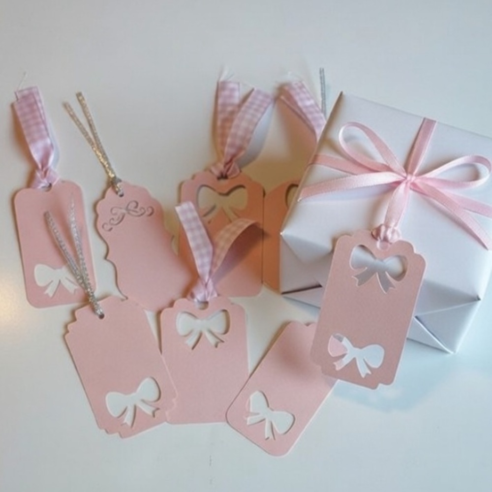 Set of 7 Hand Made Pink Bow Gift Tags